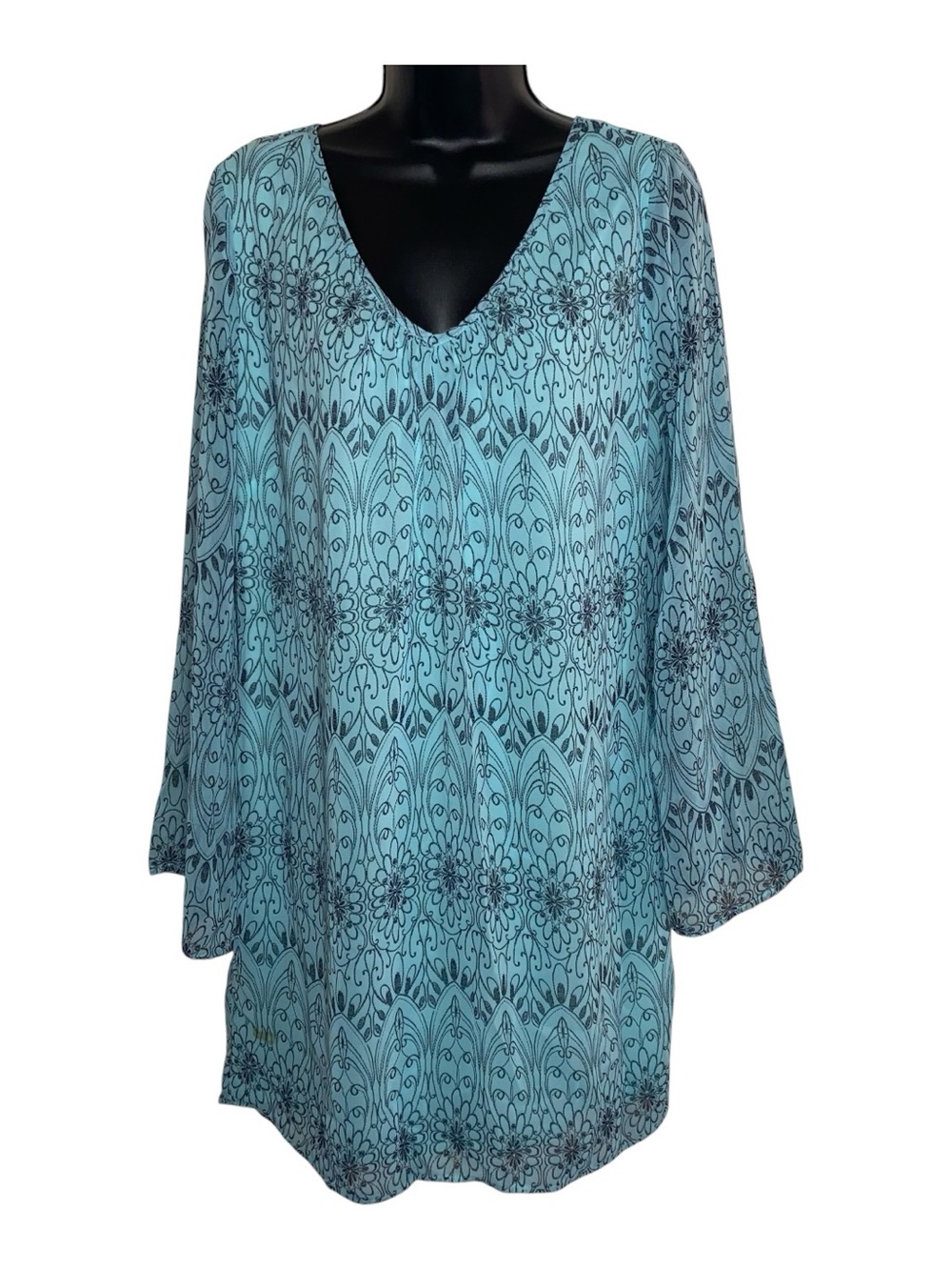 Pink Owl Aqua Blue Floral Mini Dress Women’s Long Slevee Boho Tropical Lined LG